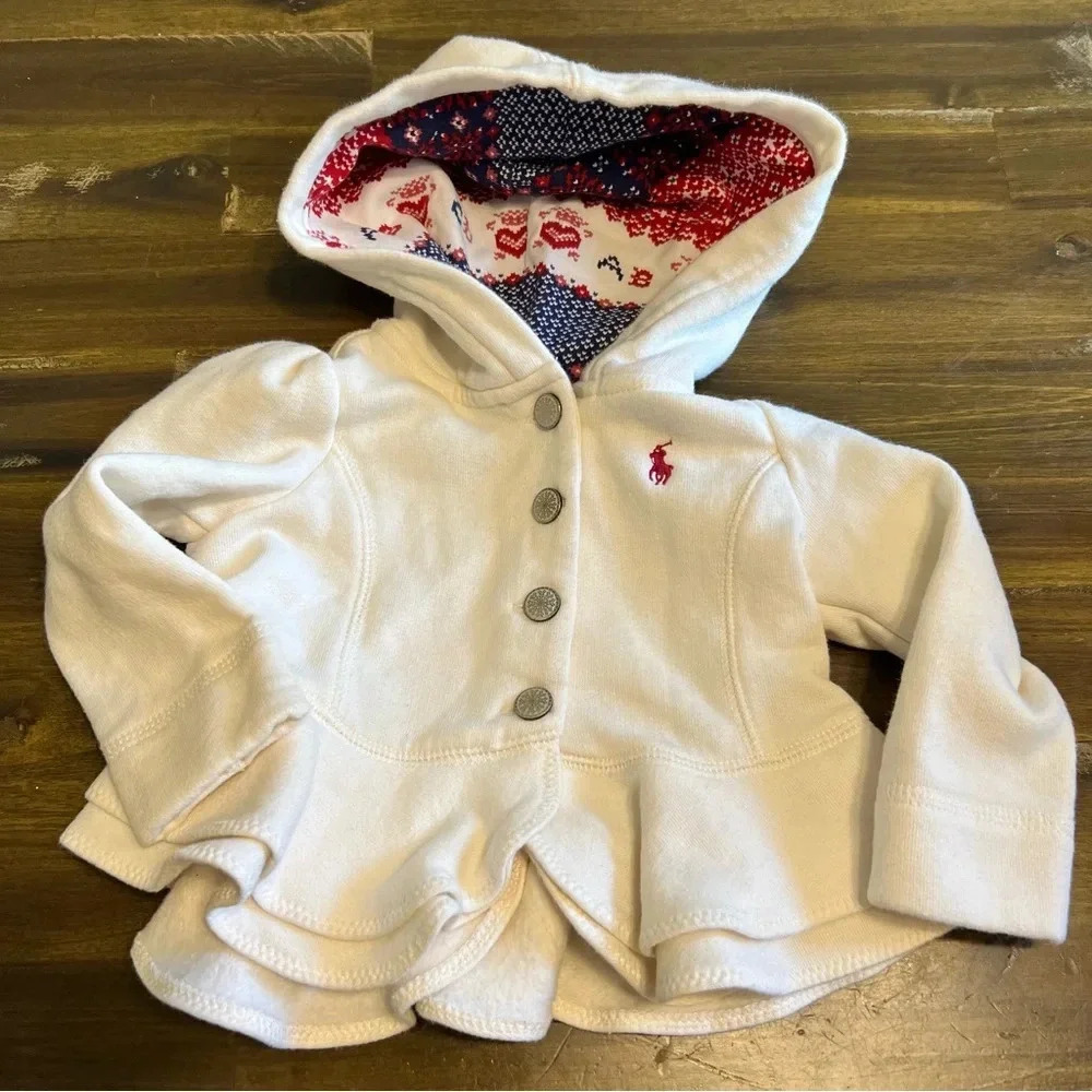 Polo Ralph Lauren Button Front Sweater Jacket Hooded Ruffle Peplum Cream 9M Pony